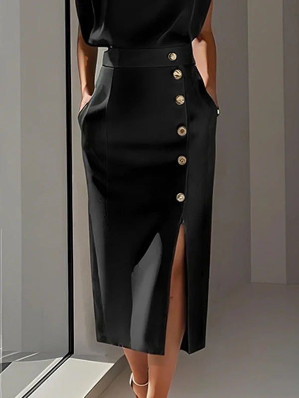 FORMÉ Women's Split-Front Button Skirt & T-Shirt Set — Sleeveless Two-Piece, Black/Apricot