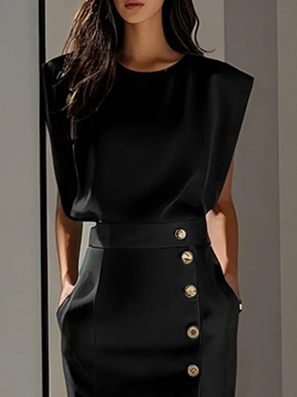 FORMÉ Women's Split-Front Button Skirt & T-Shirt Set — Sleeveless Two-Piece, Black/Apricot